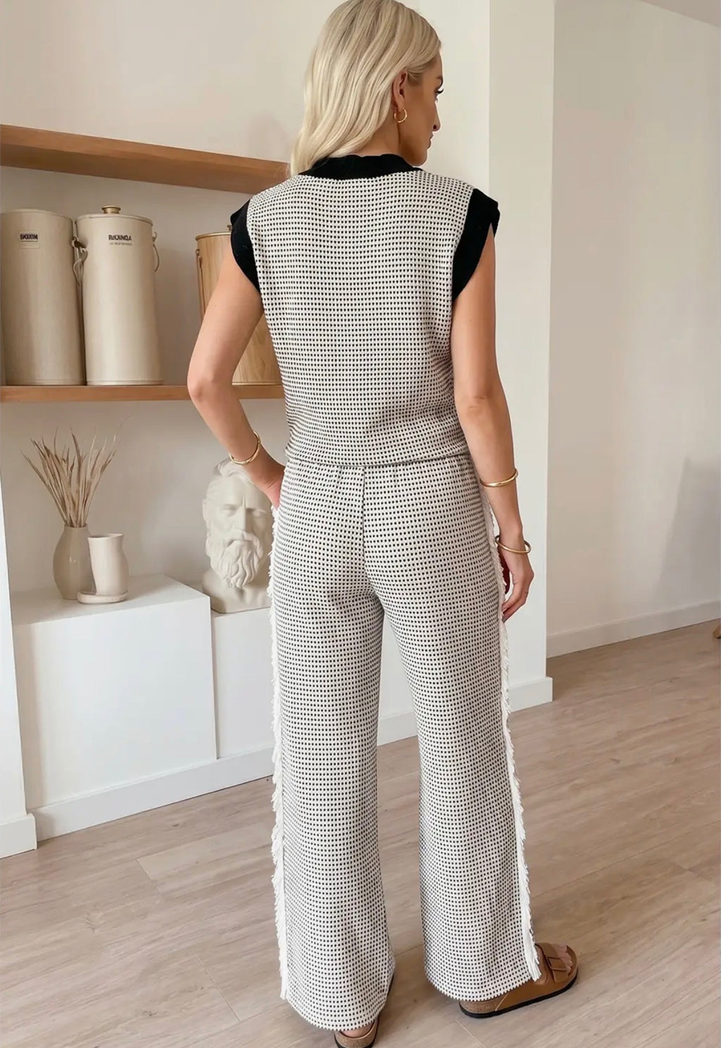 Stylish Knit V Neck Tank and Wide Leg Pants Set