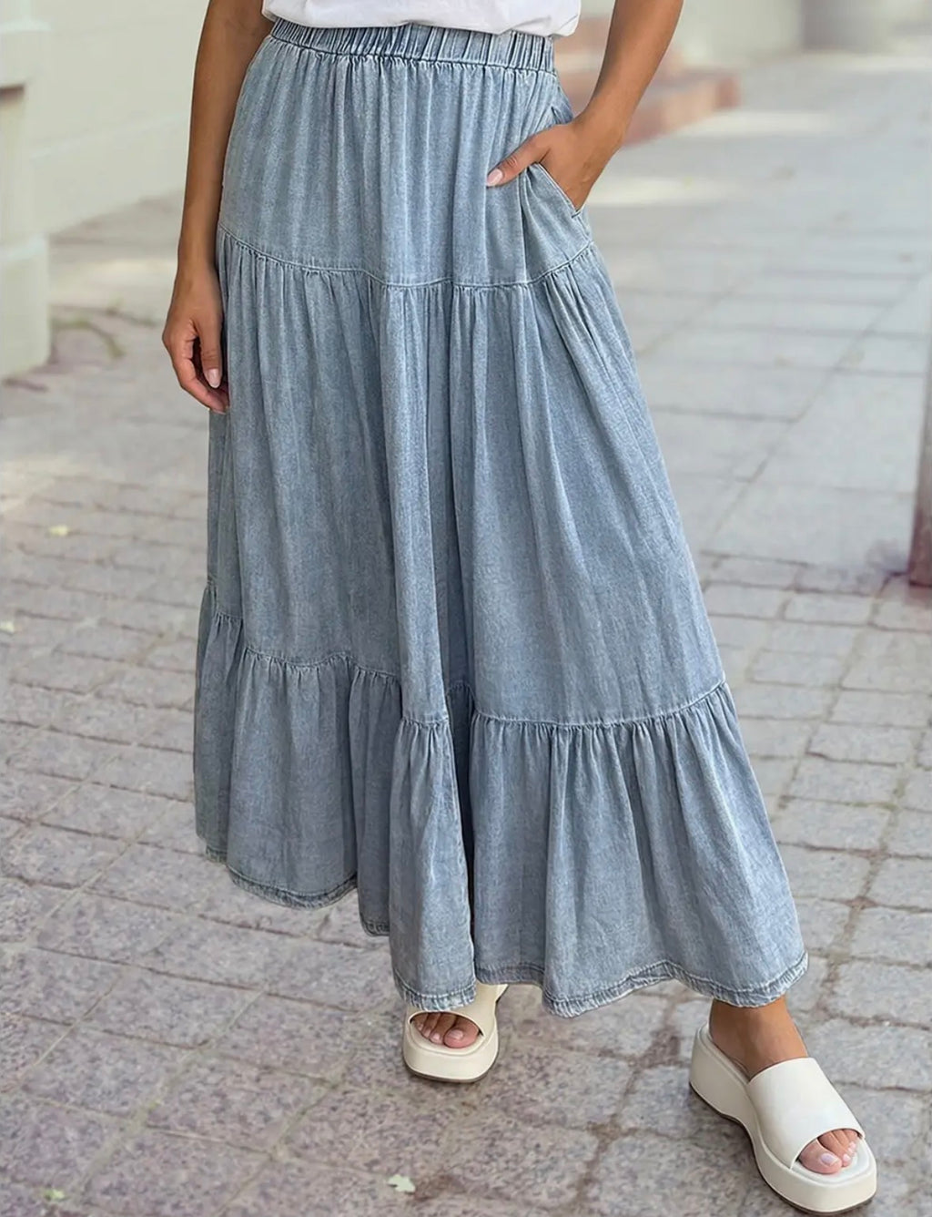 Elastic Waist Ruffled Denim Skirt