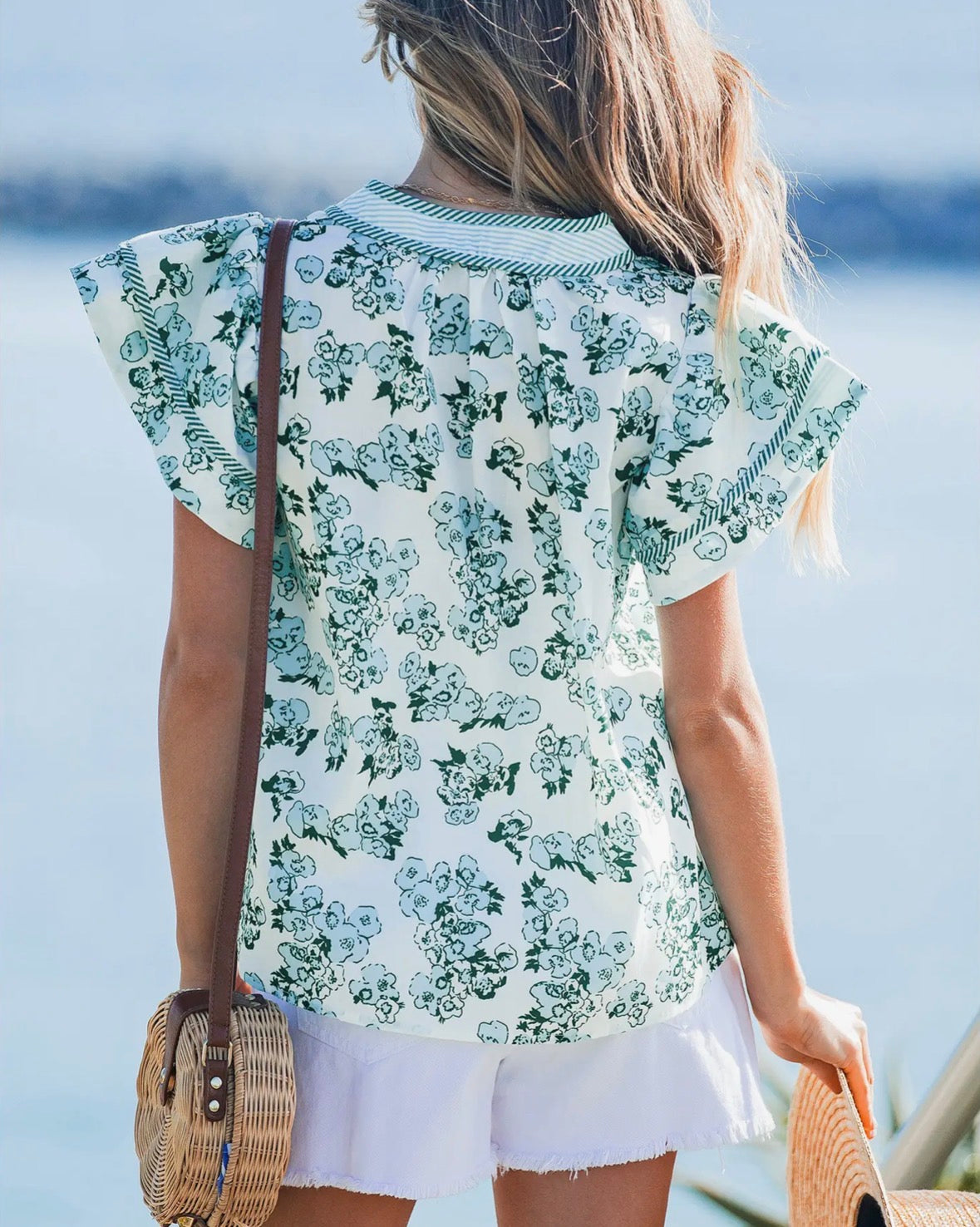 Floral Striped Flutter Sleeve Blouse