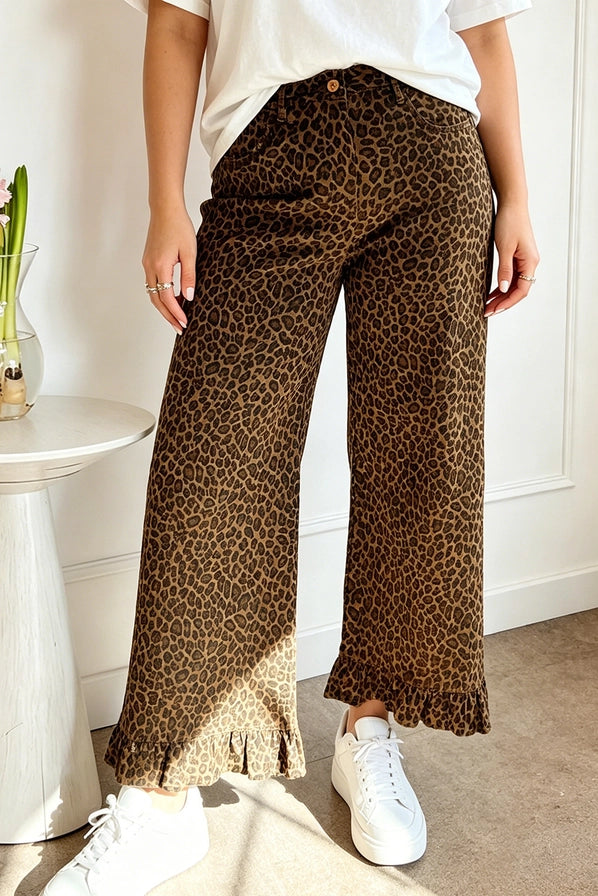 Brown Leopard Print Wide-Leg Pants