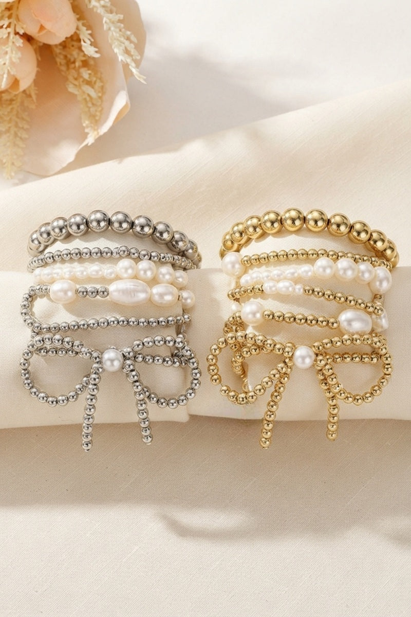 Pearl bow multi layer stretch bracelet set pack of 4