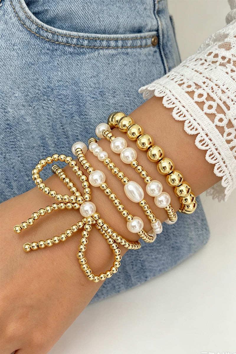 Pearl bow multi layer stretch bracelet set pack of 4