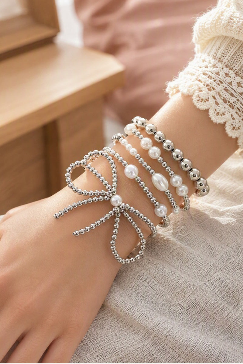 Pearl bow multi layer stretch bracelet set pack of 4