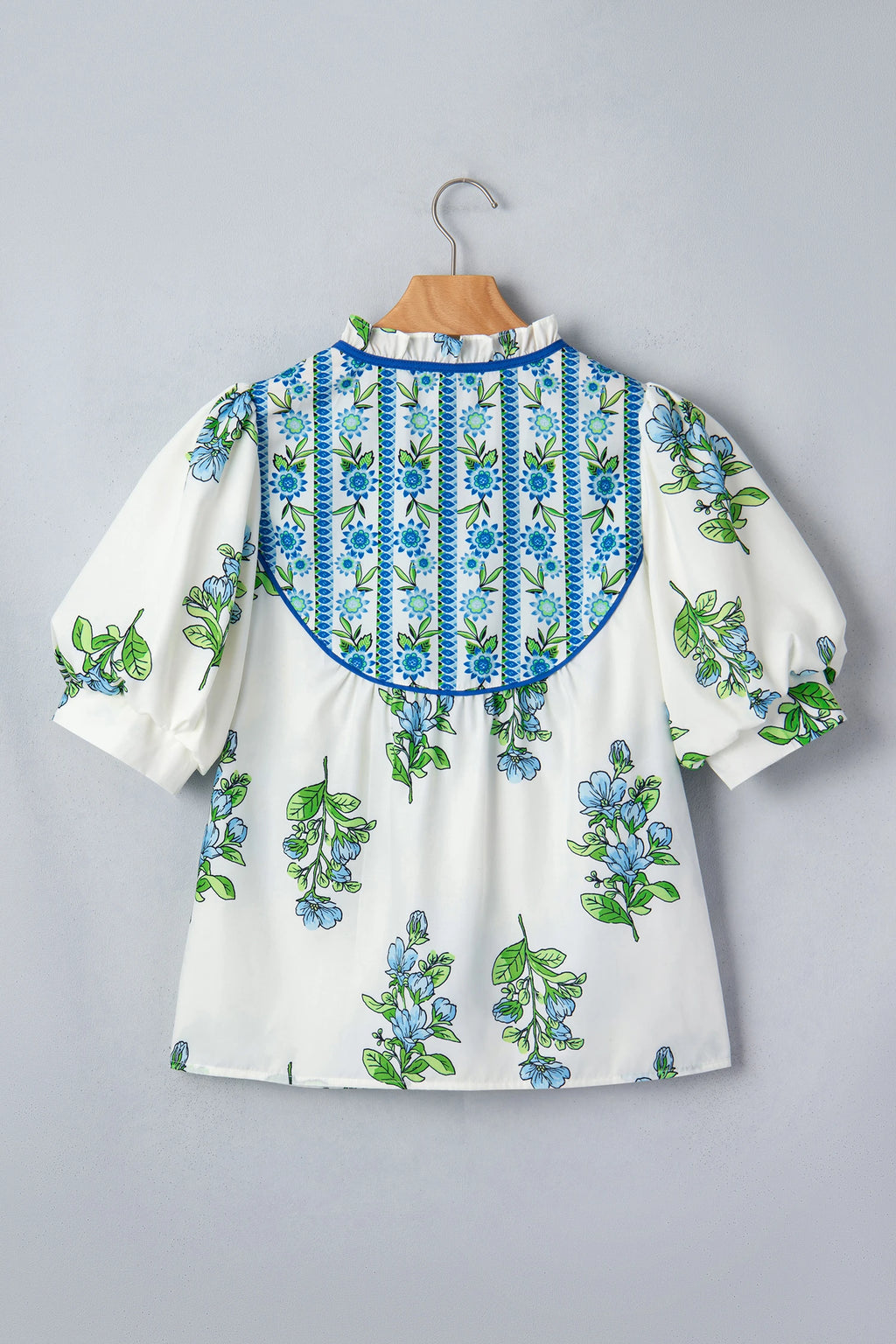 White Floral Print Contrast Trim Tie Neck Blouse