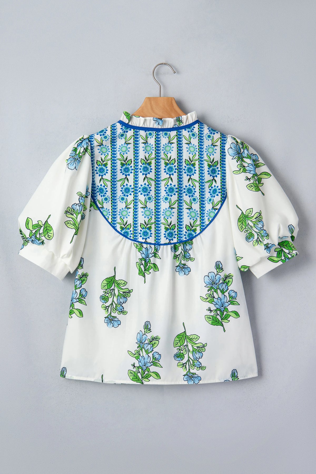 White Floral Print Contrast Trim Tie Neck Blouse