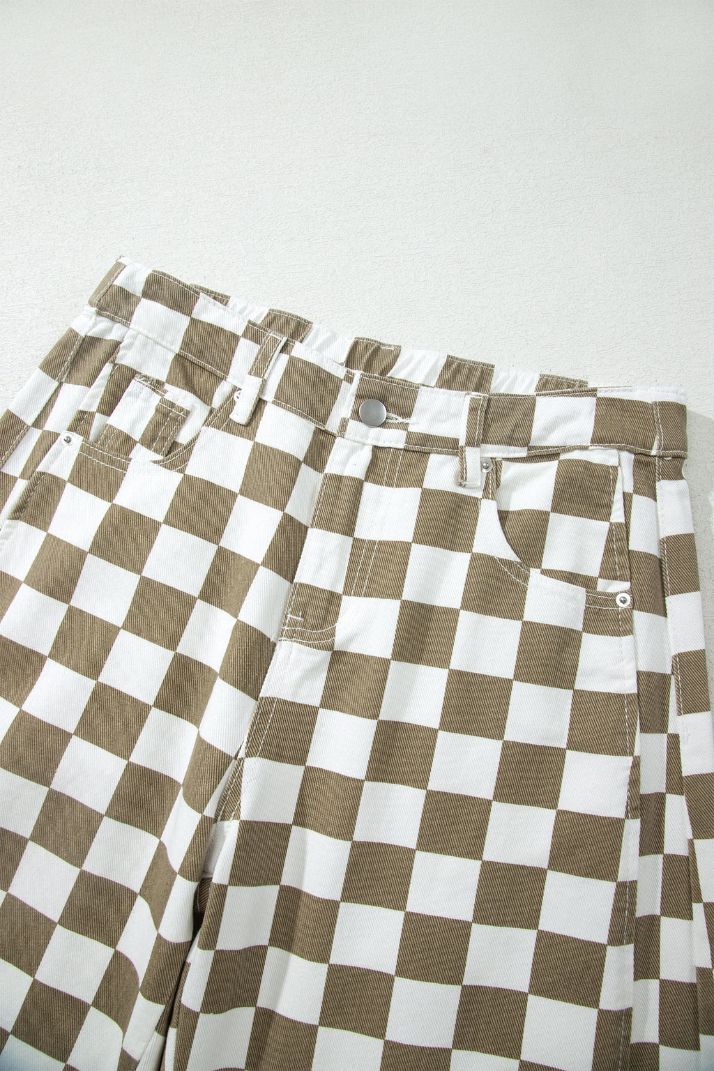 White Checkered Print Denim Barrel Pants