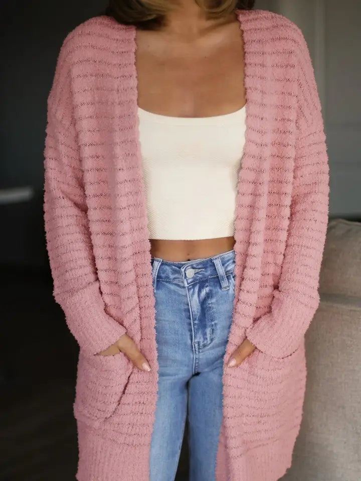 Light Pink Open Front Soft Fuzzy Ribbed Sweater Cardigan