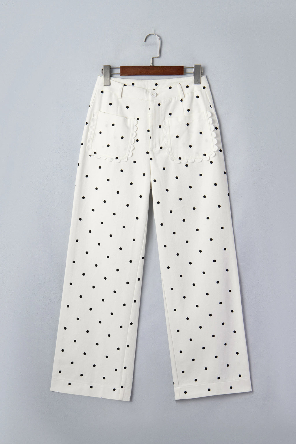 White Polka Dot Print Scalloped Patch Pocket Cotton Shift Pants