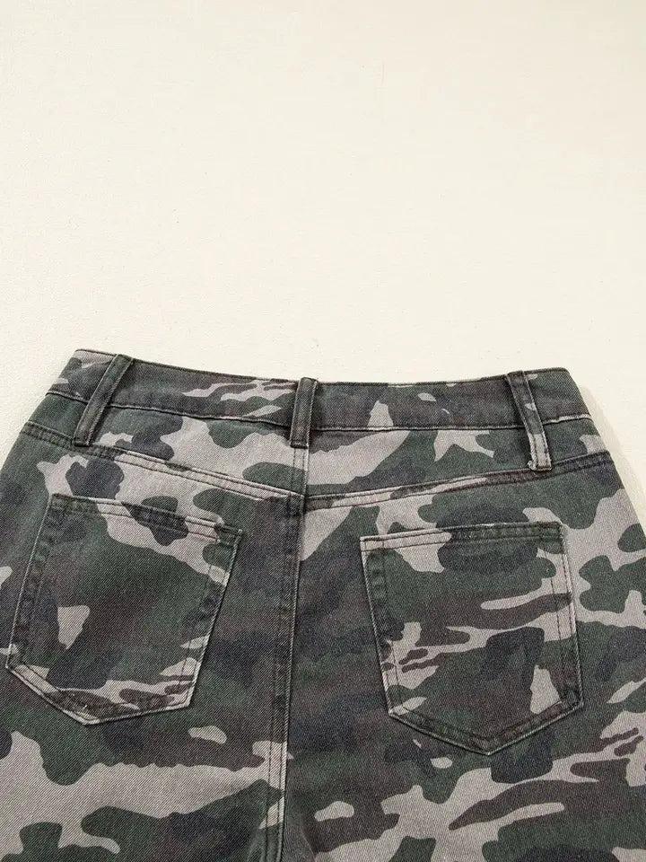 Camouflage Wide Leg Pockets Denim Pants