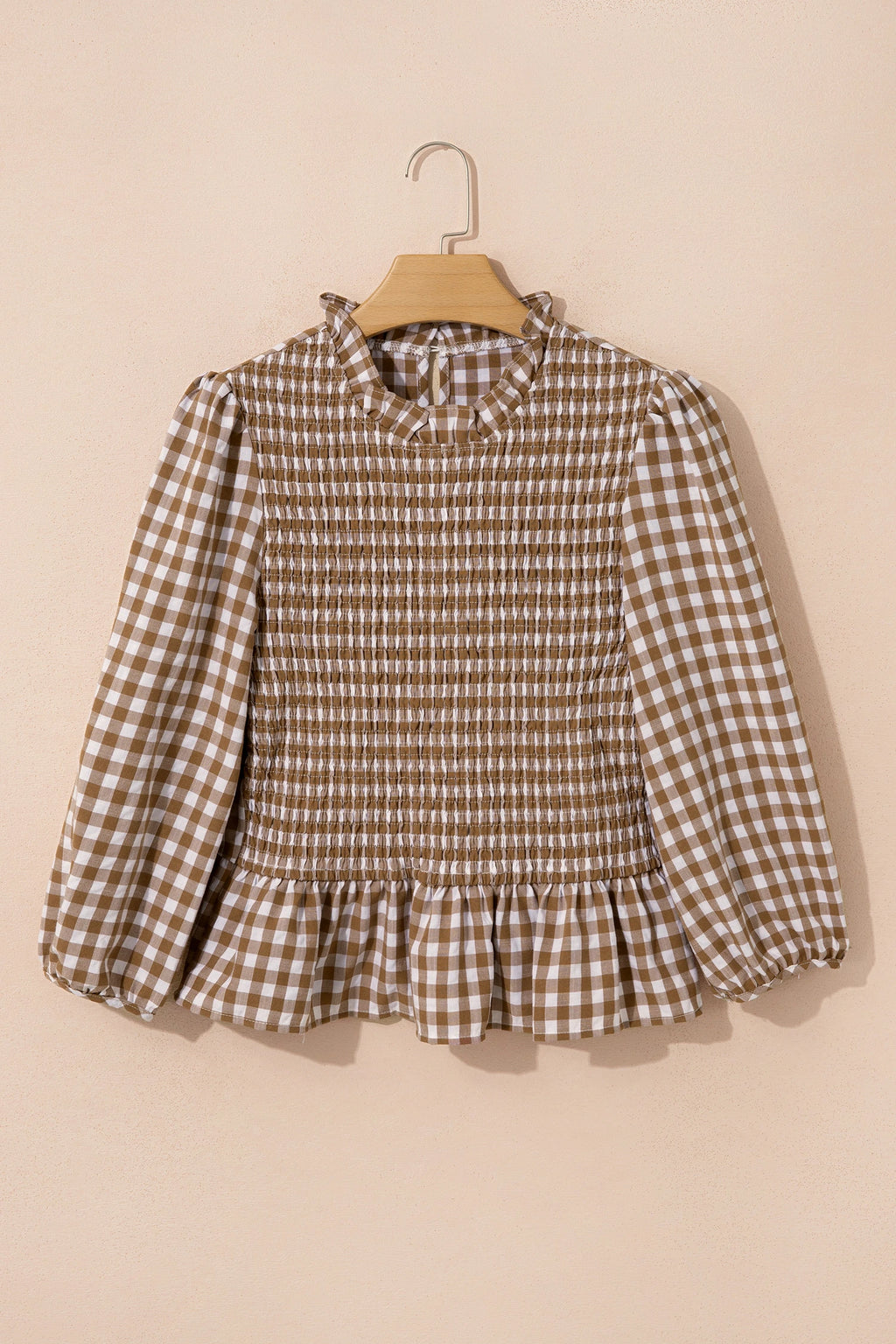 Brown 3/4 Sleeve Shirred Plaid Peplum Top
