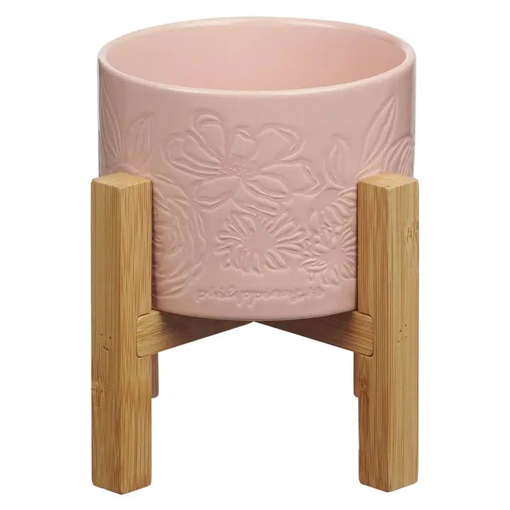 Planter W/Wood Stand Pink Floral Phil. 1:6