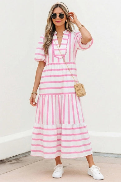 Stripe Ricrac Trim V Neck Half Sleeve Maxi Dress