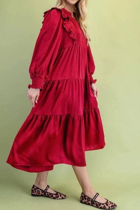 Solid Color Ruffle Trim Long Sleeve Tiered Shift Midi Dress