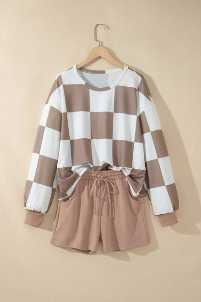 Plaid Print Long Sleeve Shorts Set