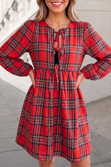 Christmas Plaid Tie Front Shift Mini Dress