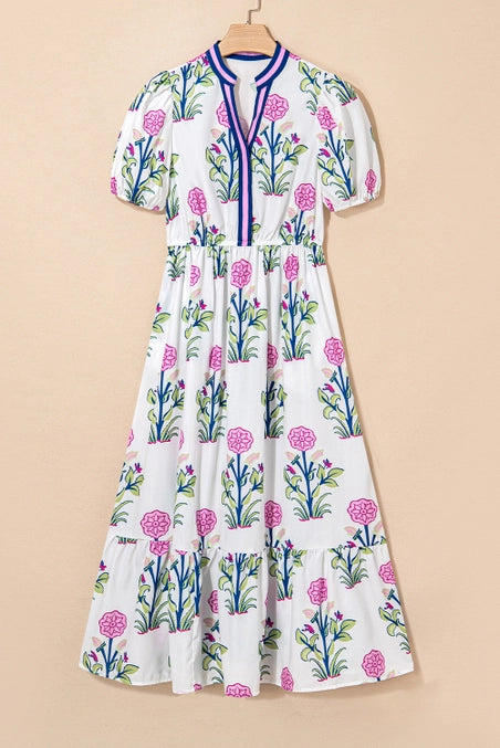 Keira | Floral Short Sleeve V Neck High Waist Maxi Dress