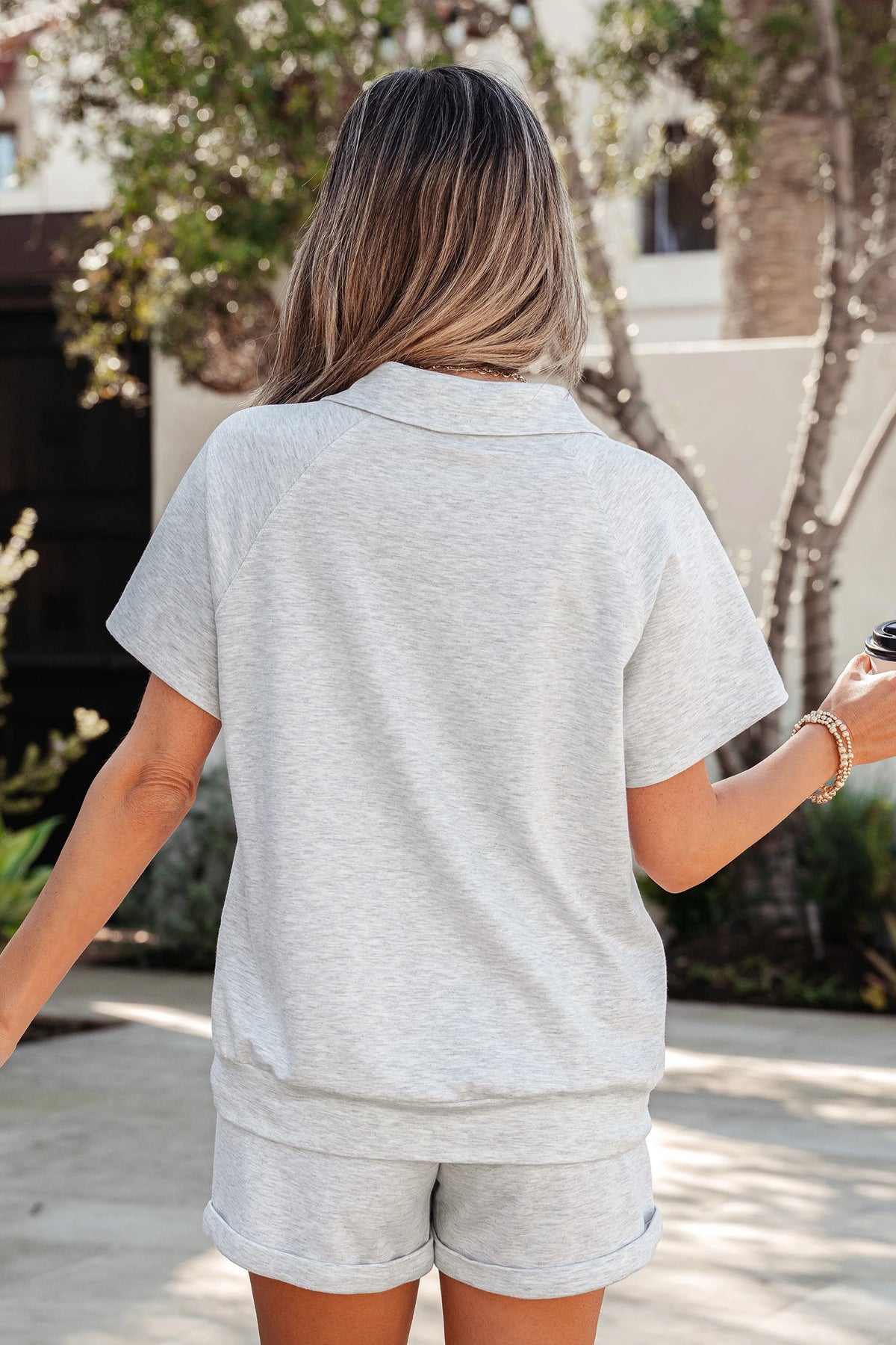 Light Grey Collared V Neck Tee Drawstring Elastic Waist Shorts Set
