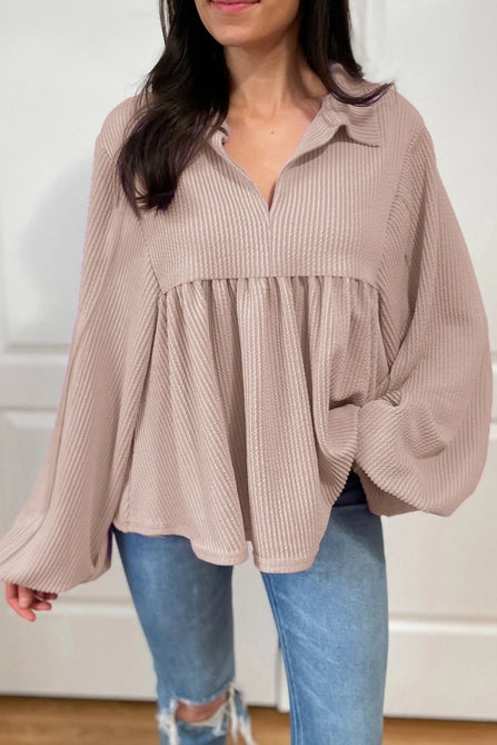 Corded Turn-Down V Neck Bubble Sleeve Babydoll Blouse