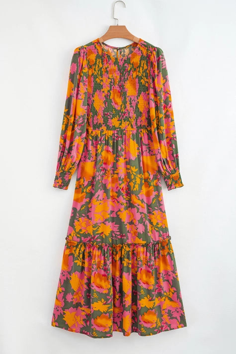 Floral Puff Sleeve Smocked Bodice Ruffled Long Dress