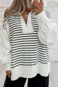 White Stripe Color Block Long Puff Sleeve Metal Zip-Up Collar Top