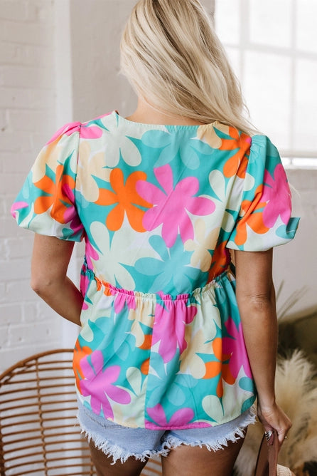 Gabie | Floral Print Bubble Sleeve V Neck Peplum Blouse