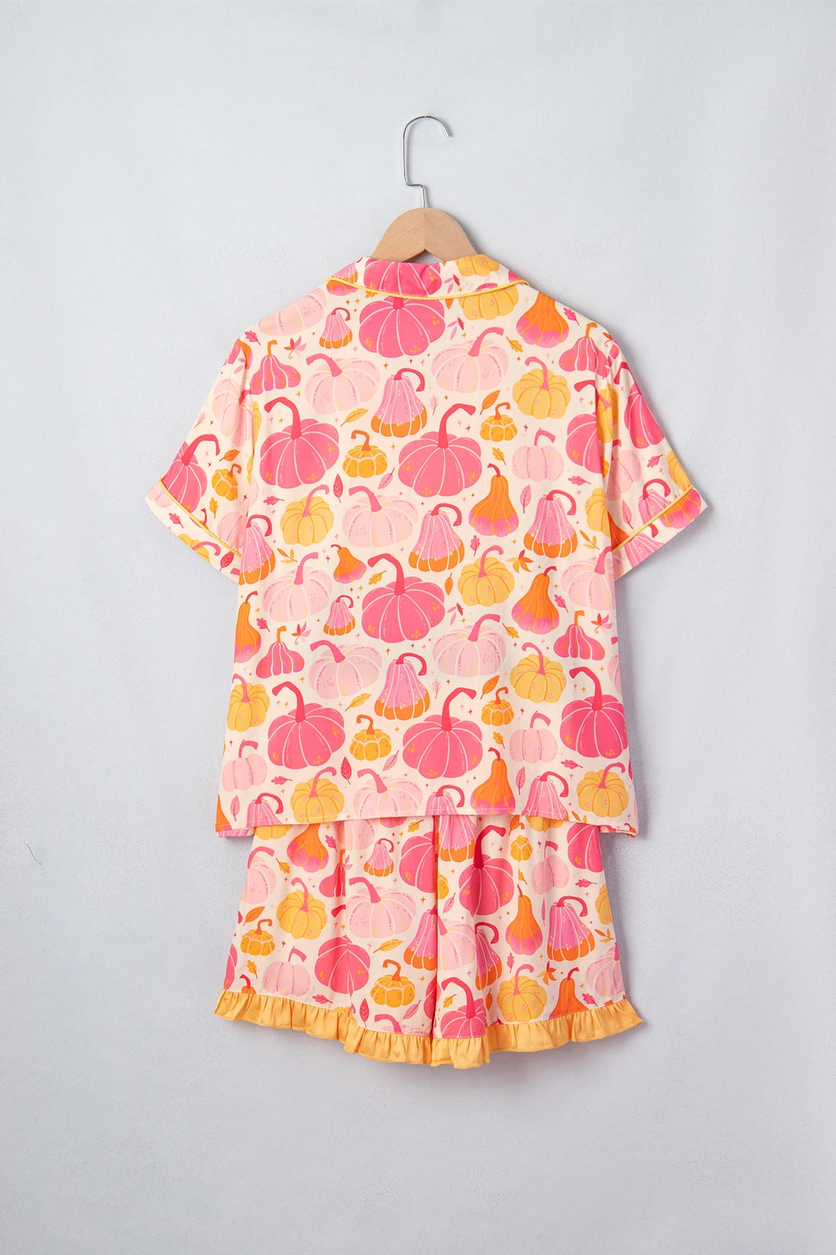 Pink Short Sleeve Pumpkin Print Pocket Placket Shell Button Lounge Set