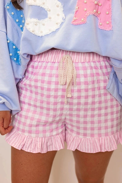 Gingham Print Ruffle Striped Detail Lace Tie Shorts