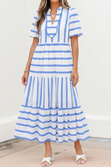 Stripe Ricrac Trim V Neck Half Sleeve Maxi Dress