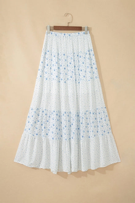Sky Blue High Waist Tiny Floral Print Boho Maxi Skirt