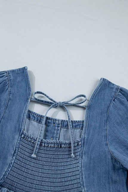 Denim Square Neck Puff Sleeve Mini Dress