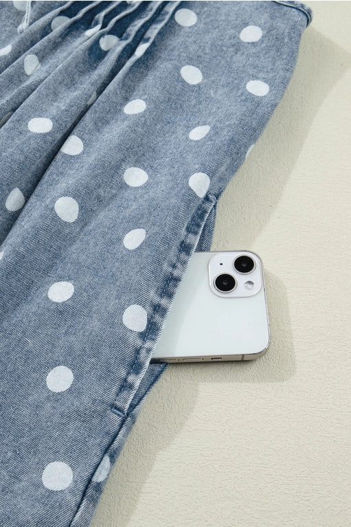 Polka Dot Print Tie V Neck Pleated Loose Denim Romper