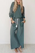 Green Bay Raw Seam Patchwork Long Sleeve Top Pocket Set