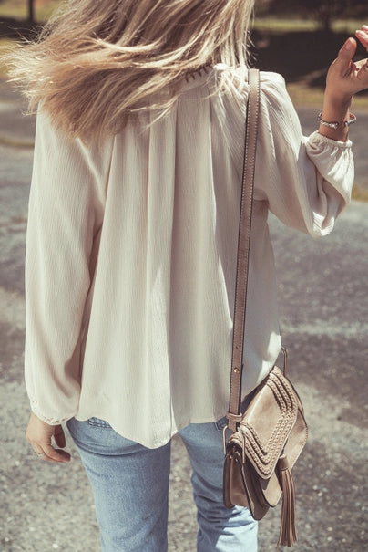 Floral Embroidered Textured Puff Sleeve Shirt