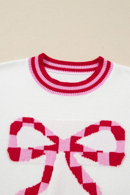 Christmas Stripe Trim Bow Crewneck Sweater