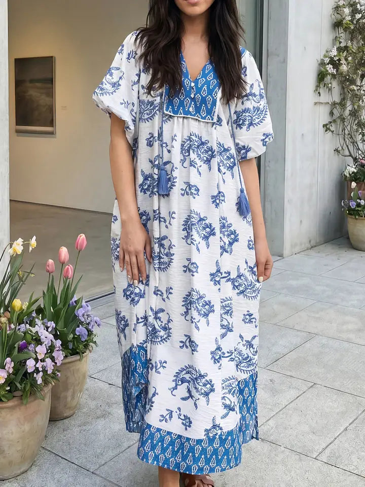 Boho Abstract Print Contrast Trim V Neck Dress