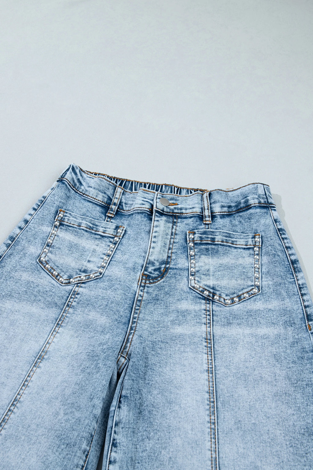 Beau Blue Frayed Studded Detail Wide Leg Pocketed Jeans