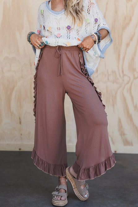 Saturdays Ruffle Wide Leg Pants - Dark Mocha