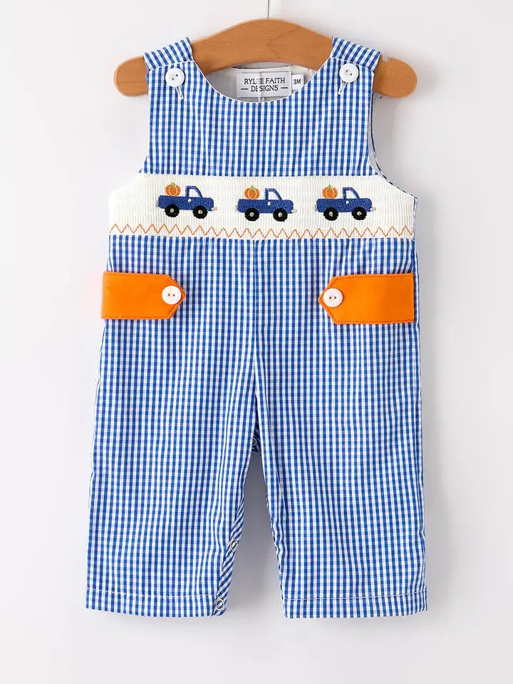 Fall Truck Smock Embroidery Baby Boy Romper