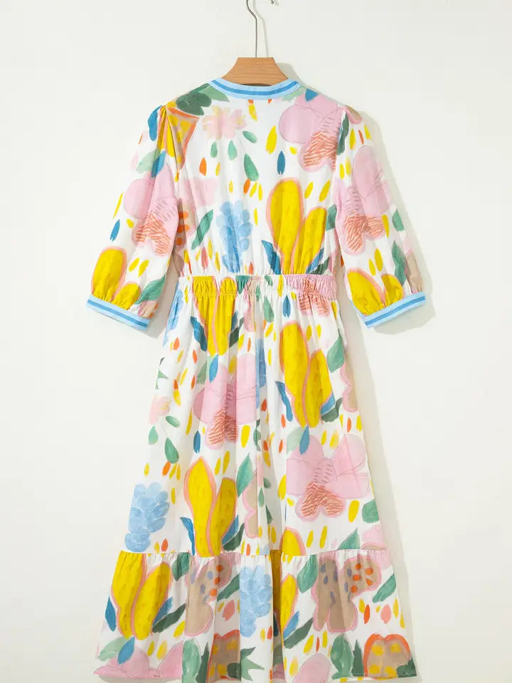 Floral Stripe Trim V-Neck Dress