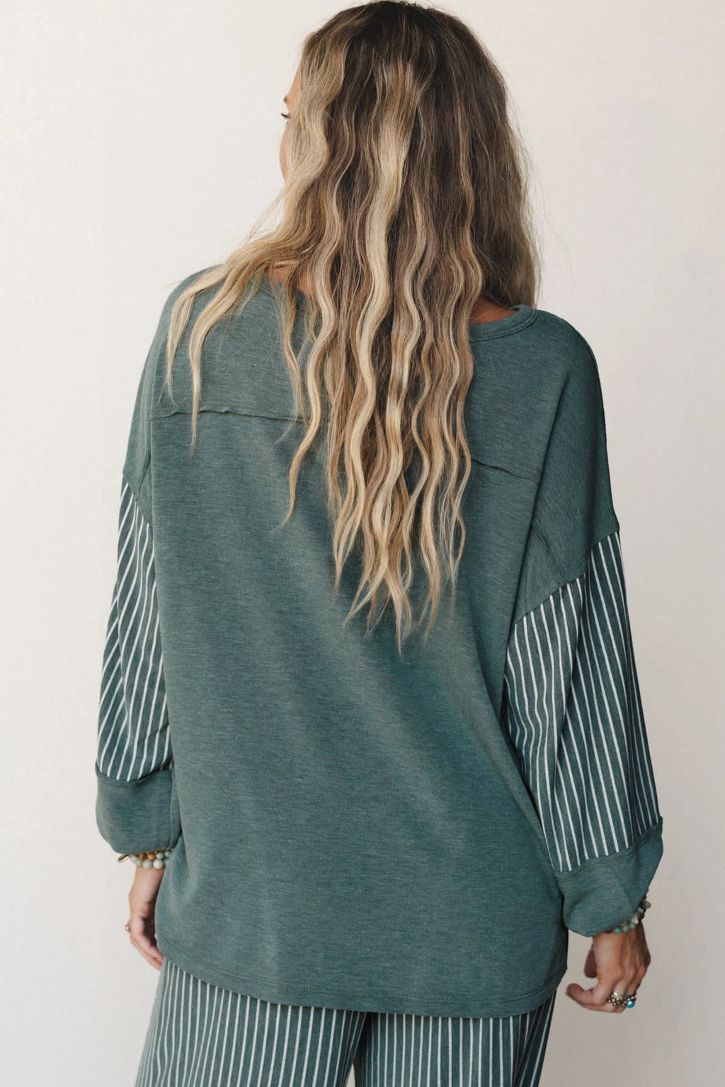 Green Bay Raw Seam Patchwork Long Sleeve Top Pocket Set