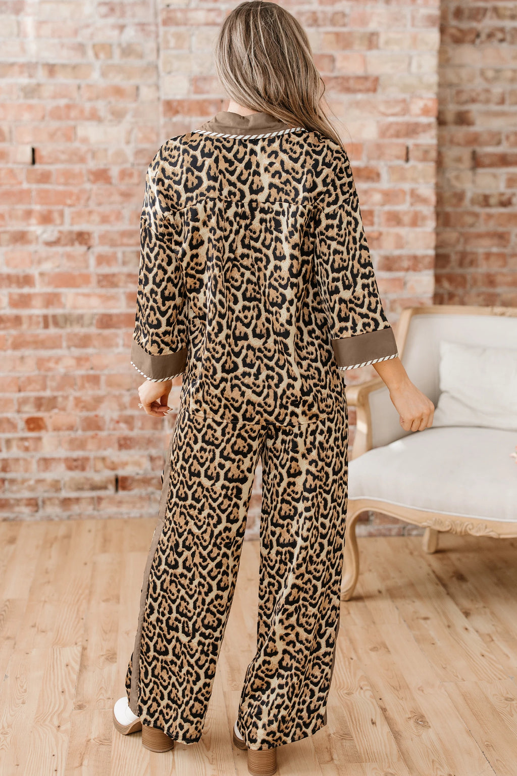 Brown Leopard Collared 3/4 Sleeve Shirt and Loose Pants Pajamas
