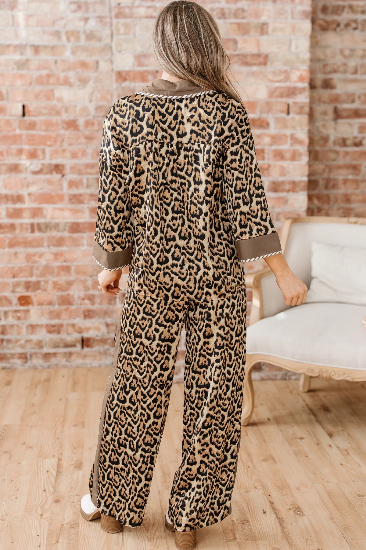 Brown Leopard Collared 3/4 Sleeve Shirt and Loose Pants Pajamas