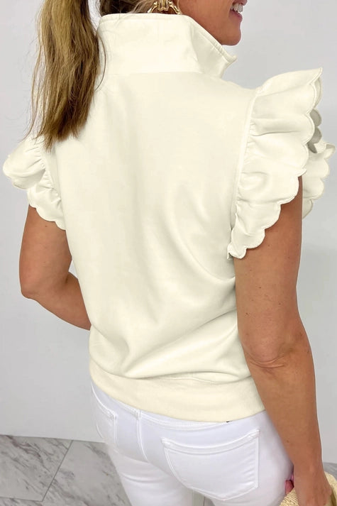 Solid Zip-Up Collar Ruffle Sleeve Blouse