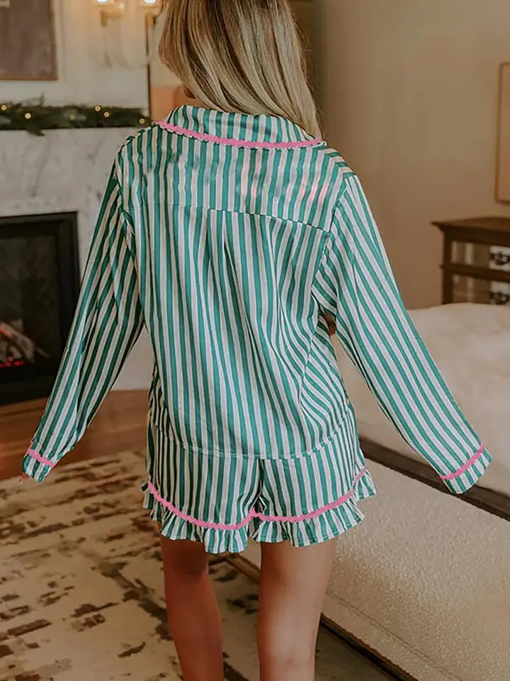 Green Stripe Contrast Ricrac Trim Long Sleeve Shirt Drawstring Ruffled Pajama Short Set