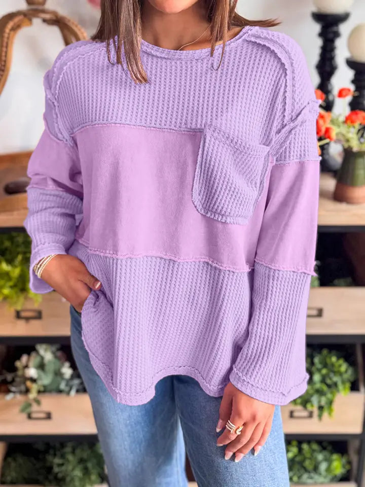 Phalaenopsis Thermal Knit Contrast Textured Long Sleeve Top