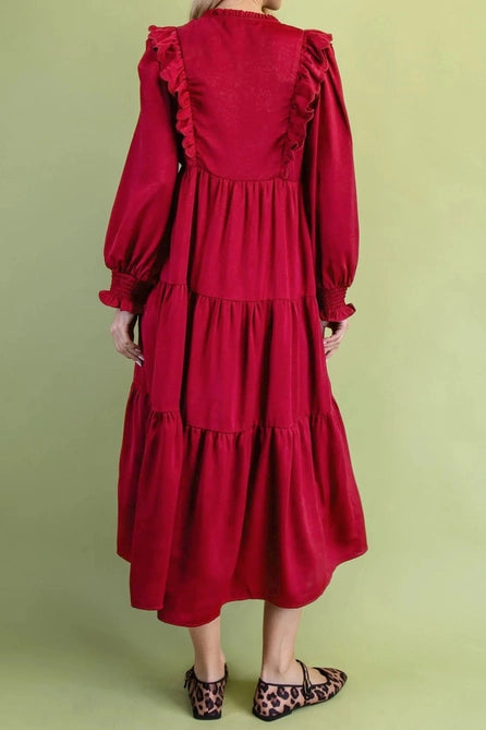 Solid Color Ruffle Trim Long Sleeve Tiered Shift Midi Dress