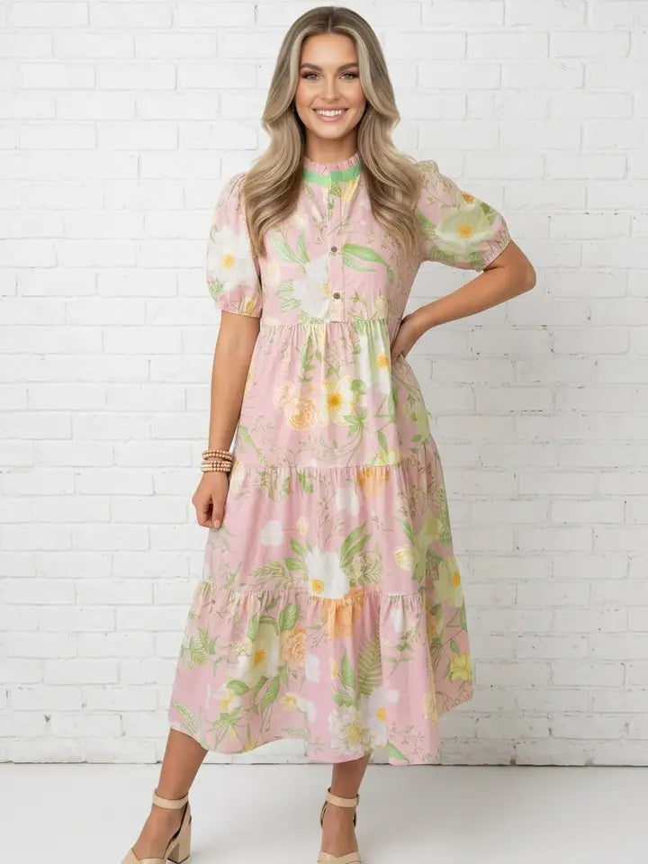 Floral Puff Sleeve Tiered Maxi Dress