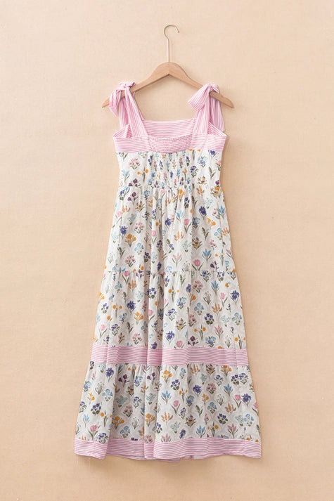 Floral Print Striped Detail Knot Straps Maxi Dress