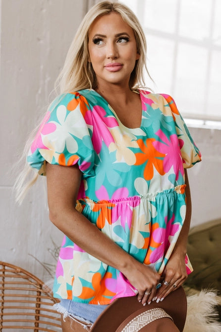 Gabie | Floral Print Bubble Sleeve V Neck Peplum Blouse