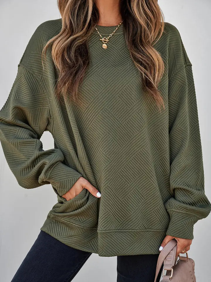 Jungle Green Solid Color Textured Round Neck Drop Shoulder Pullover Sweatshirt